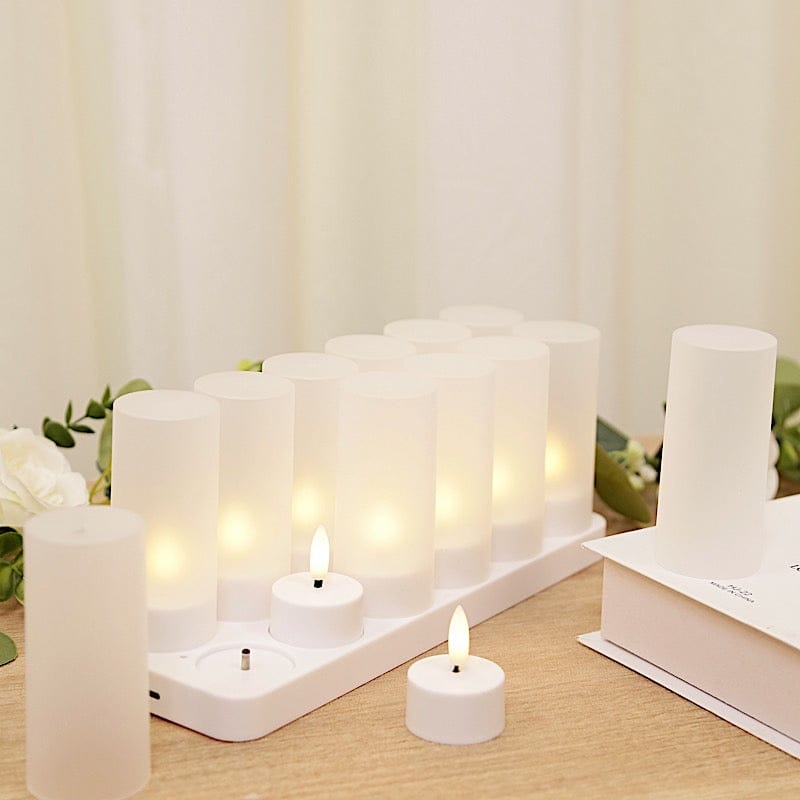 12 pcs Rechargeable Tea Light Candles with Frosted Shades - White LED_CAND_TL001_RC_WHT_PK12