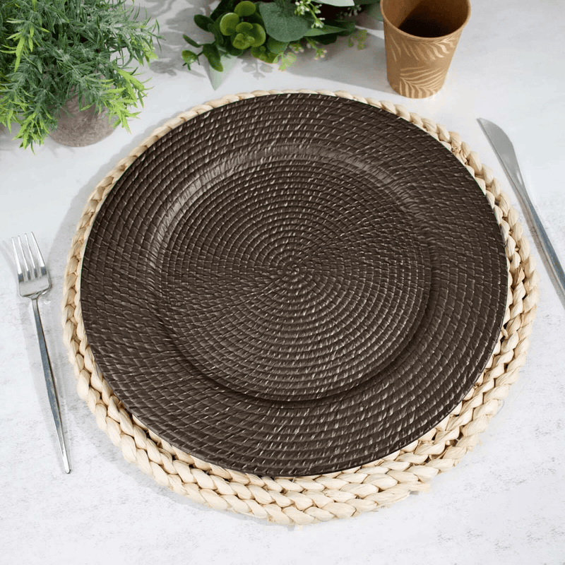 12 Plastic 13" Rattan-Like Round Charger Plates - Brown CHRG_PLST0022_BRN_PK12