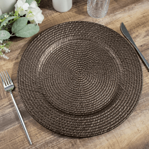 12 Plastic 13" Rattan-Like Round Charger Plates - Brown CHRG_PLST0022_BRN_PK12