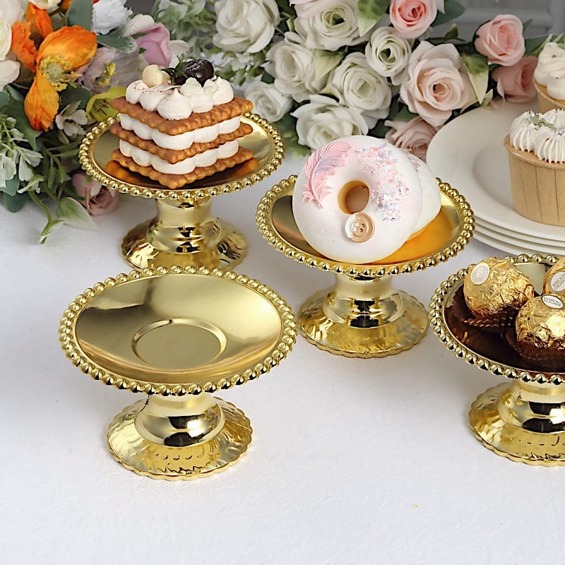 12 Plastic 5" Mirror Finish Mini  Pedestal Cupcake Plates with Beaded Rim - Gold DSP_DST_PL002_5_GOLD
