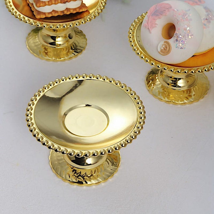 12 Plastic 5" Mirror Finish Mini  Pedestal Cupcake Plates with Beaded Rim - Gold DSP_DST_PL002_5_GOLD