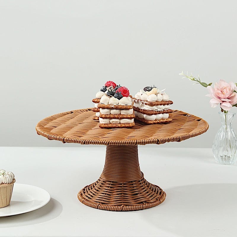 12" Plastic Rattan Wicker Pedestal Cake Stand - Natural CAKE_STND_WAV01_12_NAT