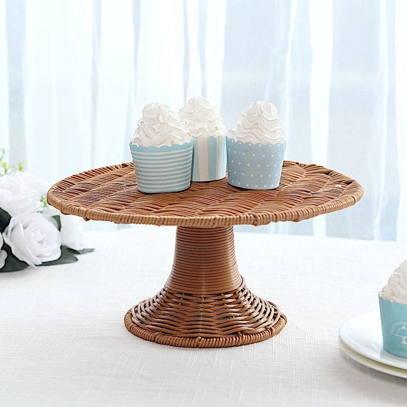 12" Plastic Rattan Wicker Pedestal Cake Stand - Natural CAKE_STND_WAV01_12_NAT
