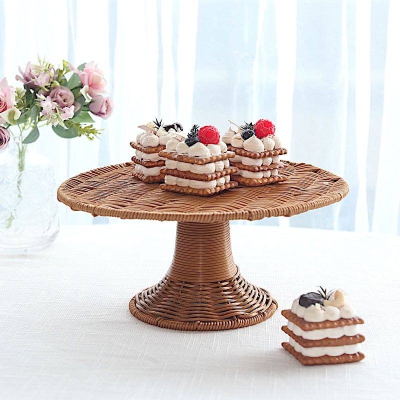 12" Plastic Rattan Wicker Pedestal Cake Stand - Natural CAKE_STND_WAV01_12_NAT
