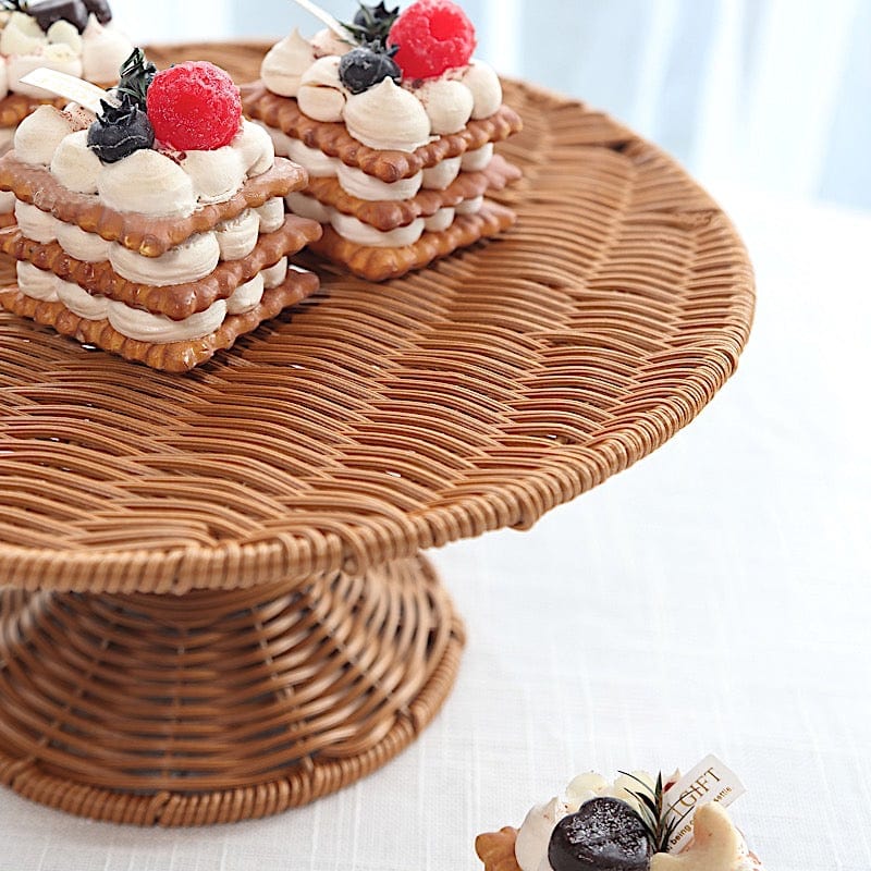 12" Plastic Rattan Wicker Pedestal Cake Stand - Natural CAKE_STND_WAV01_12_NAT