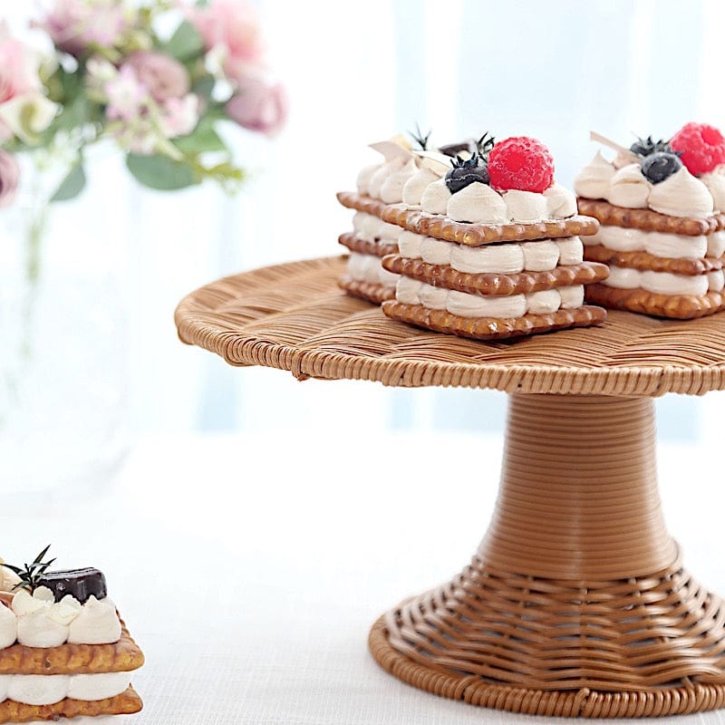 12" Plastic Rattan Wicker Pedestal Cake Stand - Natural CAKE_STND_WAV01_12_NAT