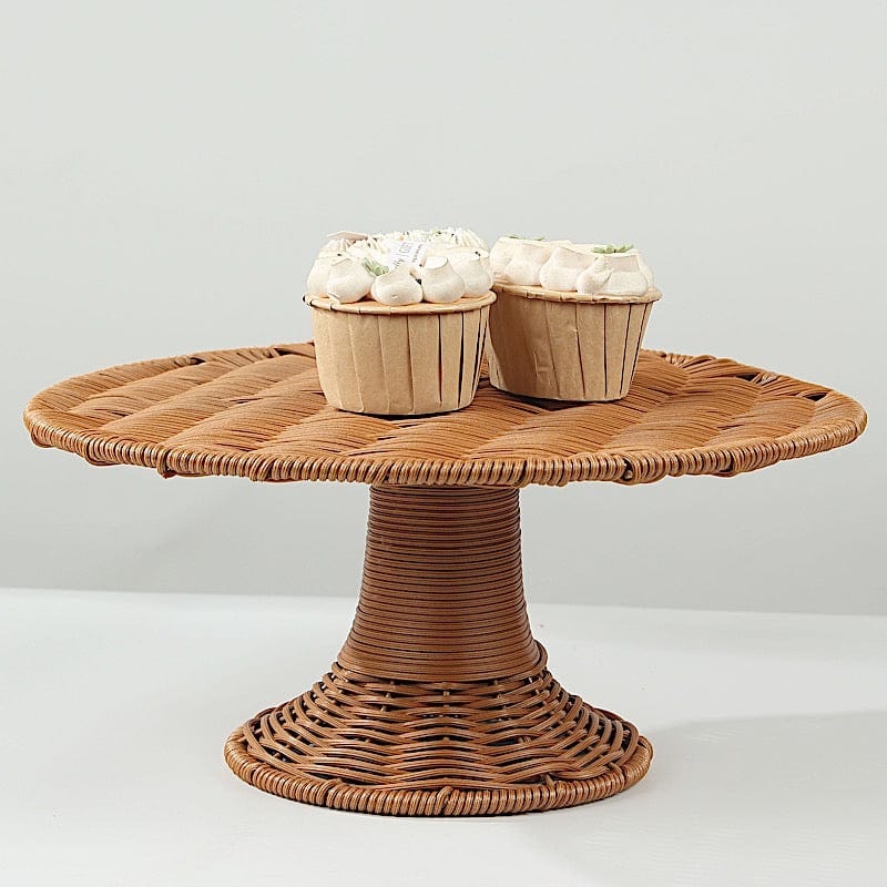 12" Plastic Rattan Wicker Pedestal Cake Stand - Natural CAKE_STND_WAV01_12_NAT