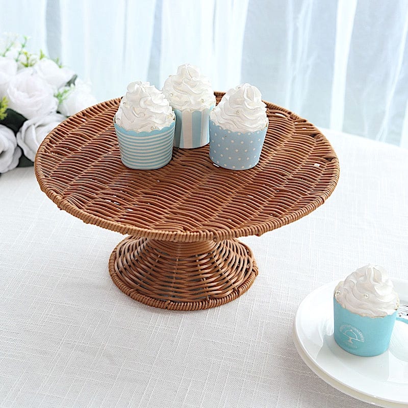 12" Plastic Rattan Wicker Pedestal Cake Stand - Natural CAKE_STND_WAV01_12_NAT