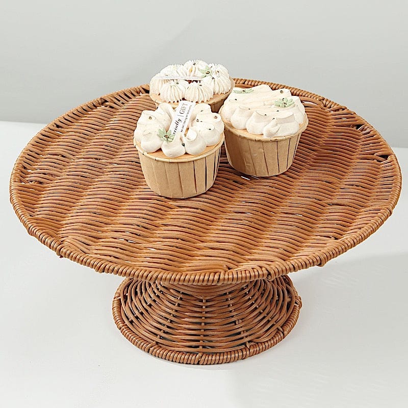 12" Plastic Rattan Wicker Pedestal Cake Stand - Natural CAKE_STND_WAV01_12_NAT