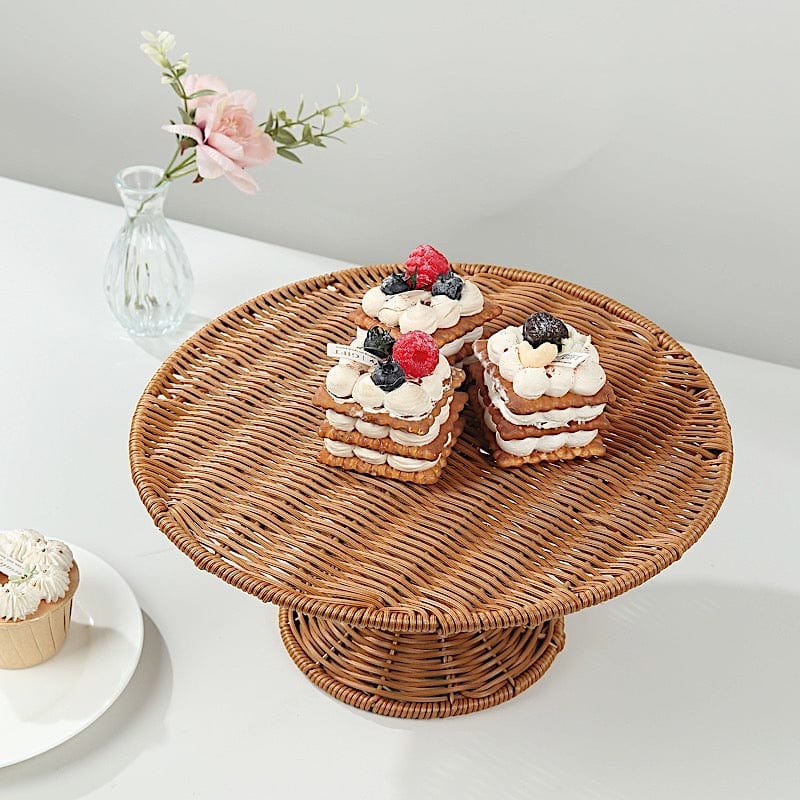12" Plastic Rattan Wicker Pedestal Cake Stand - Natural CAKE_STND_WAV01_12_NAT