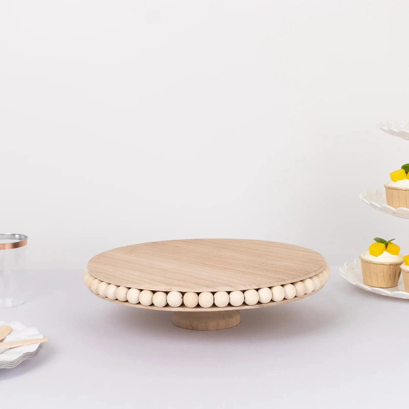 12" Round Rustic Wooden Pedestal Cake Stand with Beaded Edge - Natural CAKE_WOD025_1T_NAT