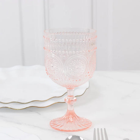 12 Shatterproof 15oz Plastic Wine Glasses with Embossed Floral Pattern