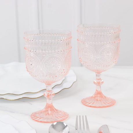 12 Shatterproof 15oz Plastic Wine Glasses with Embossed Floral Pattern