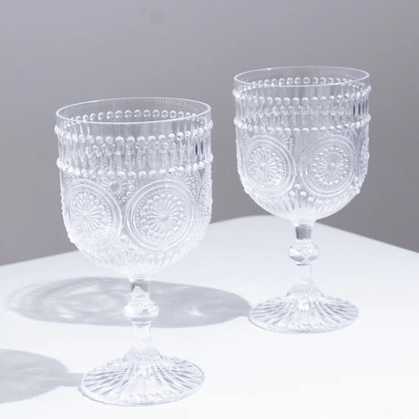 12 Shatterproof 15oz Plastic Wine Glasses with Embossed Floral Pattern