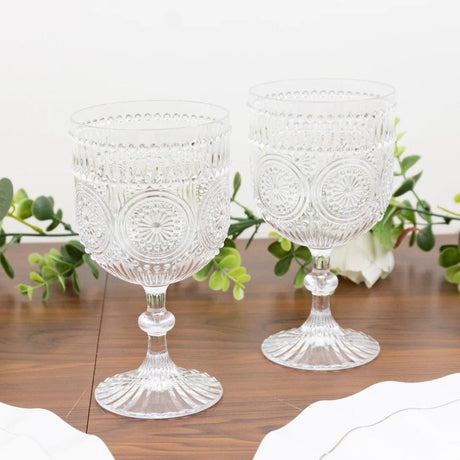 12 Shatterproof 15oz Plastic Wine Glasses with Embossed Floral Pattern