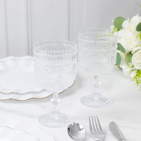 12 Shatterproof 15oz Plastic Wine Glasses with Embossed Floral Pattern