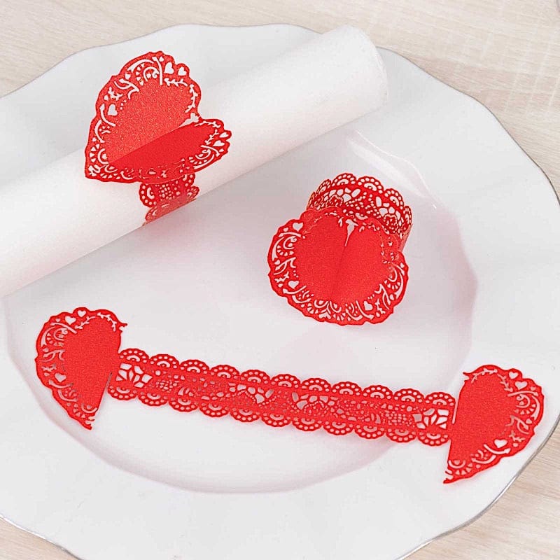 12 Shimmery Laser Cut Heart Paper Napkin Rings with Lace Pattern