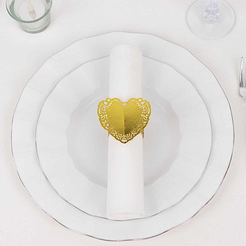 12 Shimmery Laser Cut Heart Paper Napkin Rings with Lace Pattern