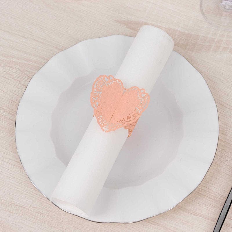 12 Shimmery Laser Cut Heart Paper Napkin Rings with Lace Pattern