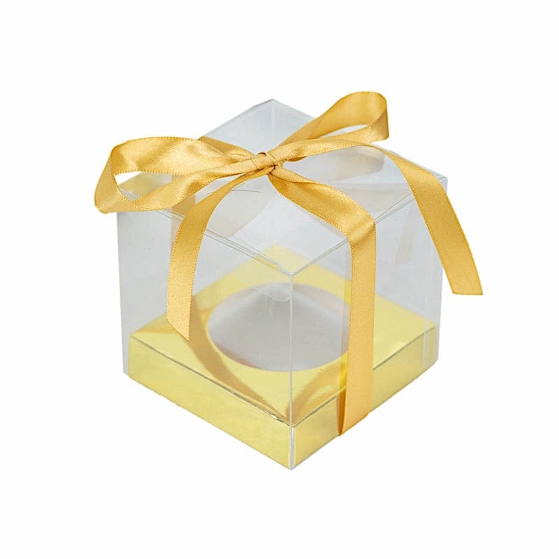 12 Square 3.5" Plastic Dessert Gift Boxes with Ribbon Tie- Clear and Gold BOX_4X4_CAKE07_CLRGD