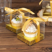 12 Square 3.5" Plastic Dessert Gift Boxes with Ribbon Tie- Clear and Gold BOX_4X4_CAKE07_CLRGD