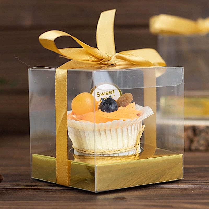 12 Square 3.5" Plastic Dessert Gift Boxes with Ribbon Tie- Clear and Gold BOX_4X4_CAKE07_CLRGD