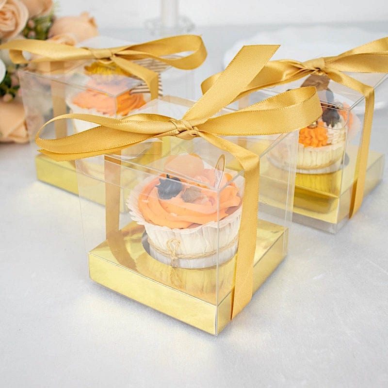 12 Square 3.5" Plastic Dessert Gift Boxes with Ribbon Tie- Clear and Gold BOX_4X4_CAKE07_CLRGD