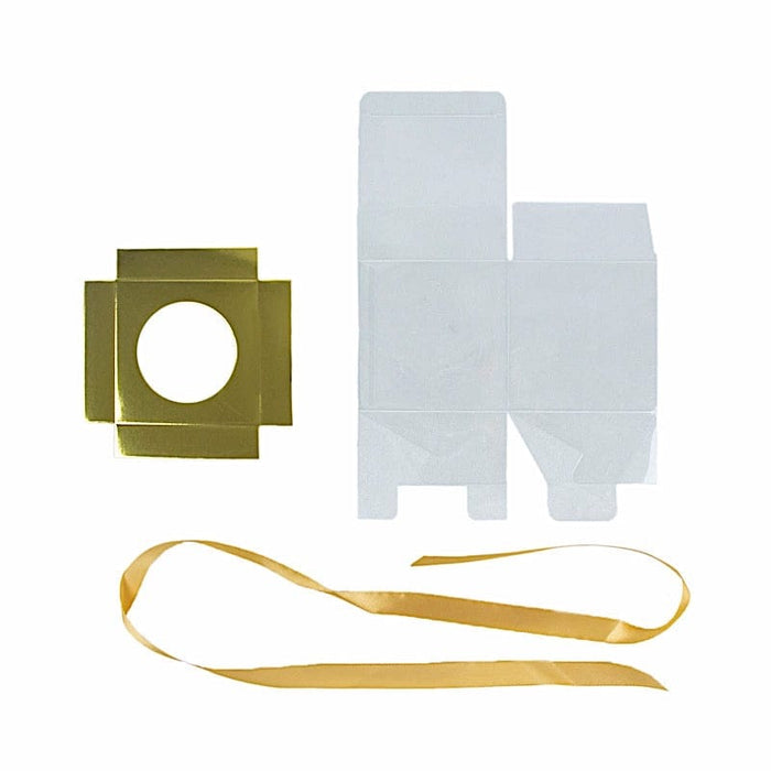 12 Square 3.5" Plastic Dessert Gift Boxes with Ribbon Tie- Clear and Gold BOX_4X4_CAKE07_CLRGD
