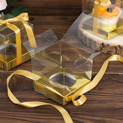 12 Square 3.5" Plastic Dessert Gift Boxes with Ribbon Tie- Clear and Gold BOX_4X4_CAKE07_CLRGD
