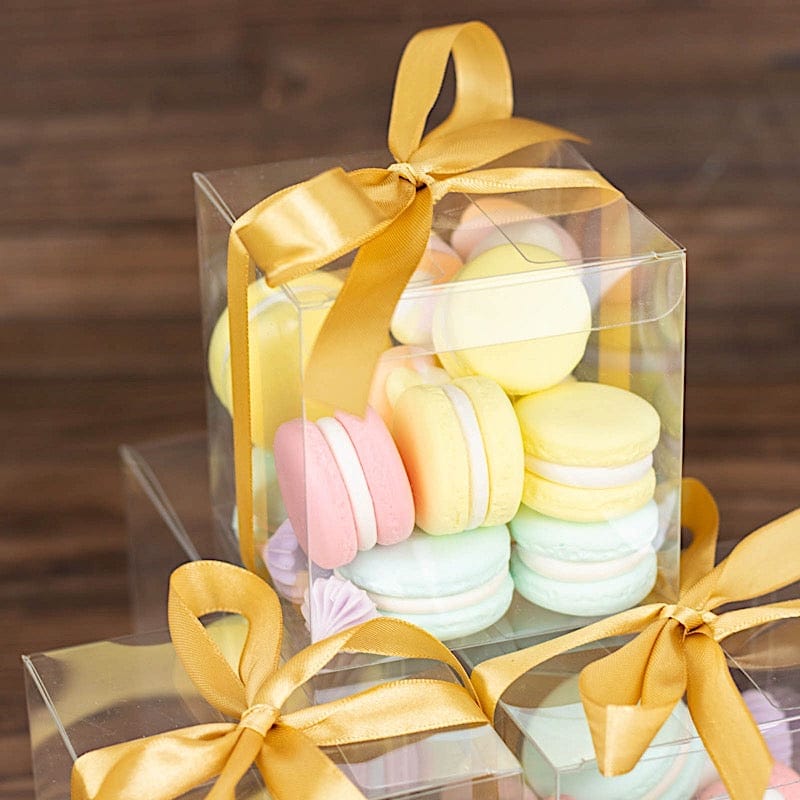 12 Square 3.5" Plastic Dessert Gift Boxes with Ribbon Tie- Clear and Gold BOX_4X4_CAKE07_CLRGD