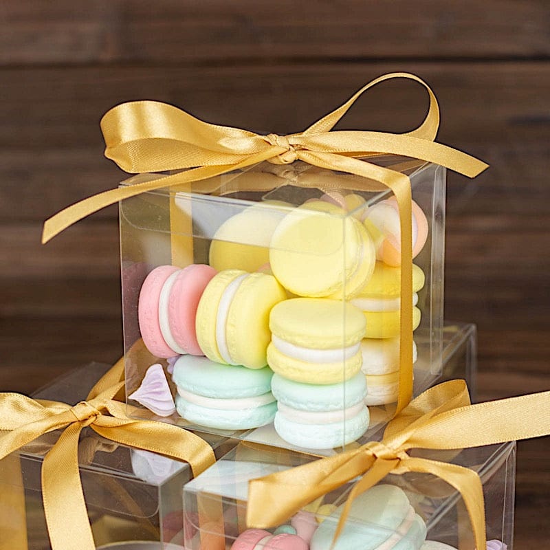 12 Square 3.5" Plastic Dessert Gift Boxes with Ribbon Tie- Clear and Gold BOX_4X4_CAKE07_CLRGD