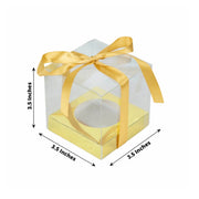 12 Square 3.5" Plastic Dessert Gift Boxes with Ribbon Tie- Clear and Gold BOX_4X4_CAKE07_CLRGD
