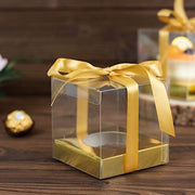 12 Square 3.5" Plastic Dessert Gift Boxes with Ribbon Tie- Clear and Gold BOX_4X4_CAKE07_CLRGD