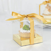 12 Square 3.5" Plastic Dessert Gift Boxes With Ribbon Tie- Clear and Gold BOX_4X4_CAKE07_CLRGD