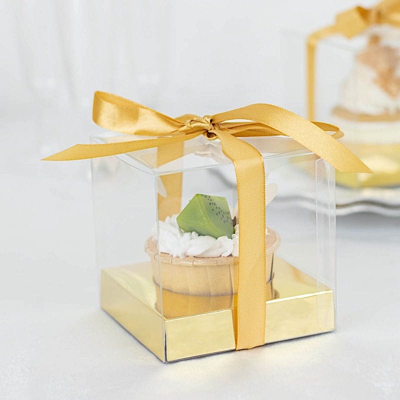 12 Square 3.5" Plastic Dessert Gift Boxes With Ribbon Tie- Clear and Gold BOX_4X4_CAKE07_CLRGD