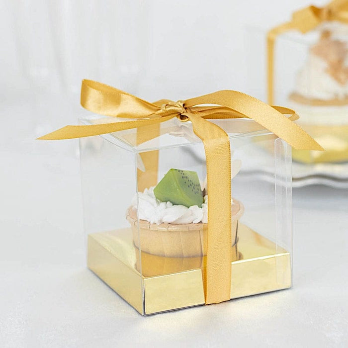 12 Square 3.5" Plastic Dessert Gift Boxes With Ribbon Tie- Clear and Gold BOX_4X4_CAKE07_CLRGD