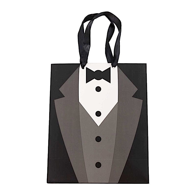 12 Tuxedo Paper Gift Tote Bags with Satin Handles - Black and White BAG_PAP03_7X9_BLK