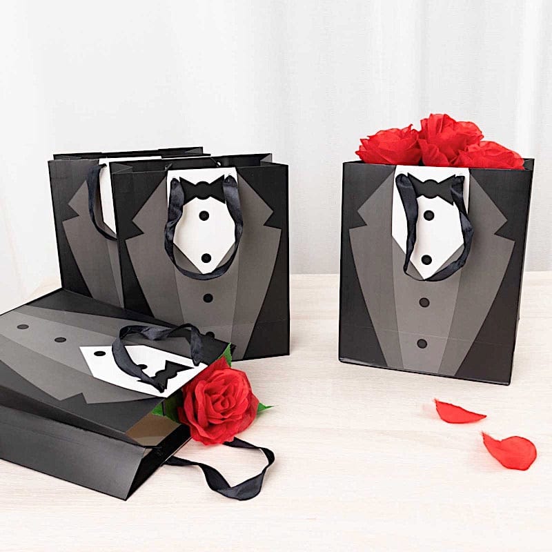 12 Tuxedo Paper Gift Tote Bags with Satin Handles - Black and White BAG_PAP03_7X9_BLK