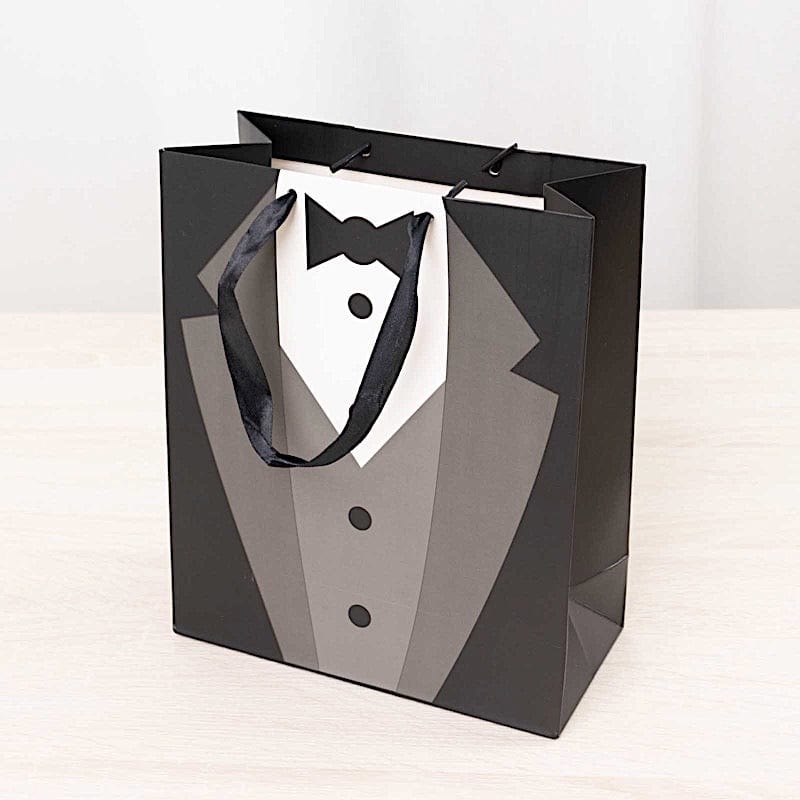 12 Tuxedo Paper Gift Tote Bags with Satin Handles - Black and White BAG_PAP03_7X9_BLK