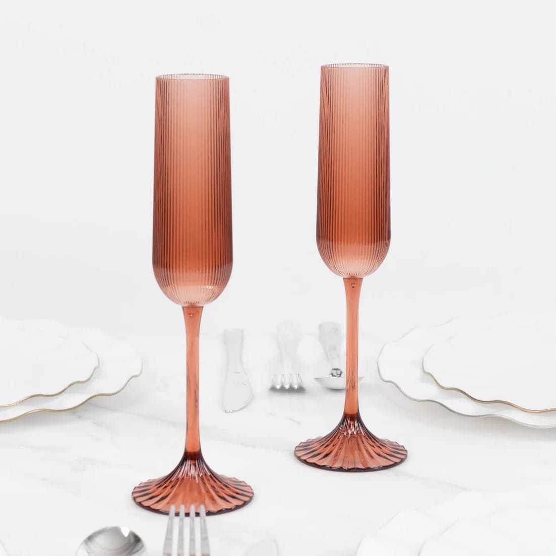 12 Vintage 4 oz Plastic Champagne Flutes Ribbed Disposable Glasses