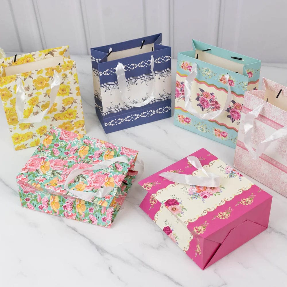 12 Vintage Floral Paper Gift Bags with Ribbon Handles - Assorted BAG_PAP08_6X7_TEA017_MIX
