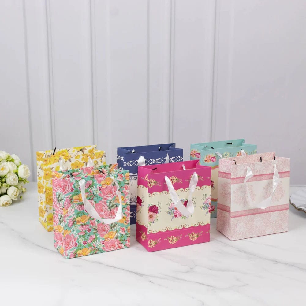 12 Vintage Floral Paper Gift Bags with Ribbon Handles - Assorted BAG_PAP08_6X7_TEA017_MIX