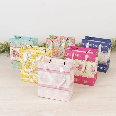 12 Vintage Floral Paper Gift Bags with Ribbon Handles - Assorted BAG_PAP08_6X7_TEA017_MIX