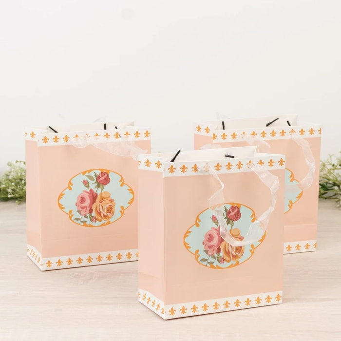 12 Vintage Rose Floral Paper Gift Bags with Ribbon Handles