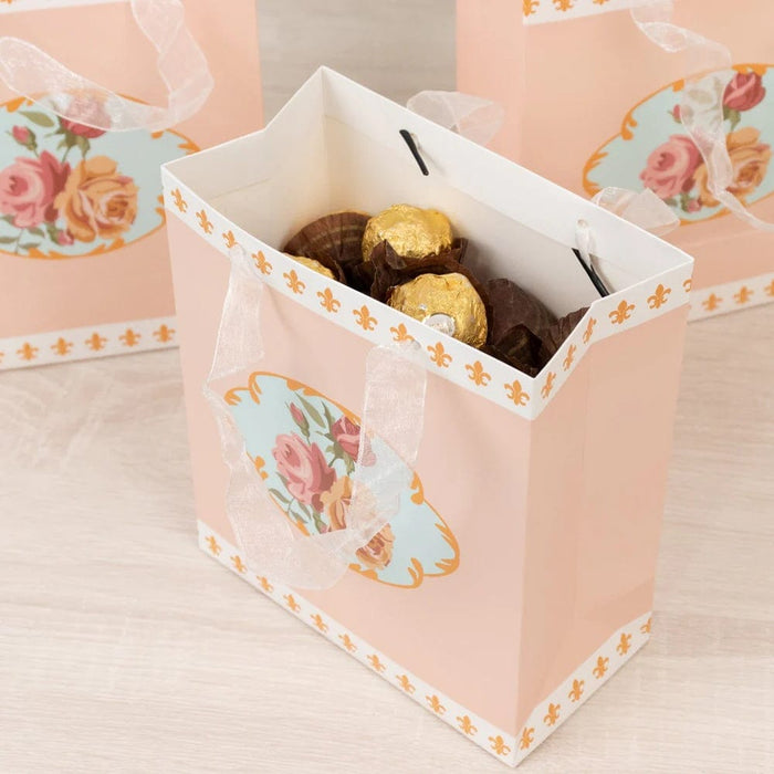 12 Vintage Rose Floral Paper Gift Bags with Ribbon Handles