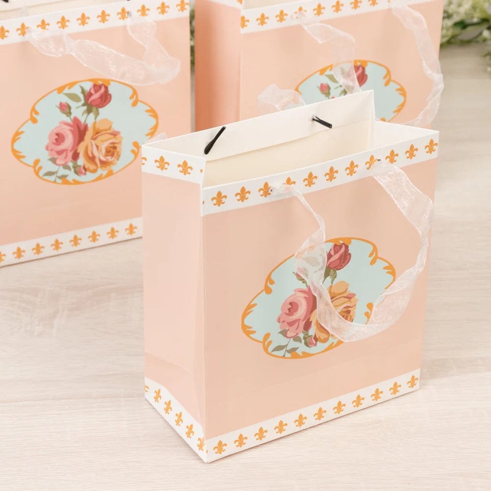 12 Vintage Rose Floral Paper Gift Bags with Ribbon Handles