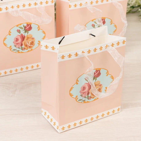 12 Vintage Rose Floral Paper Gift Bags with Ribbon Handles