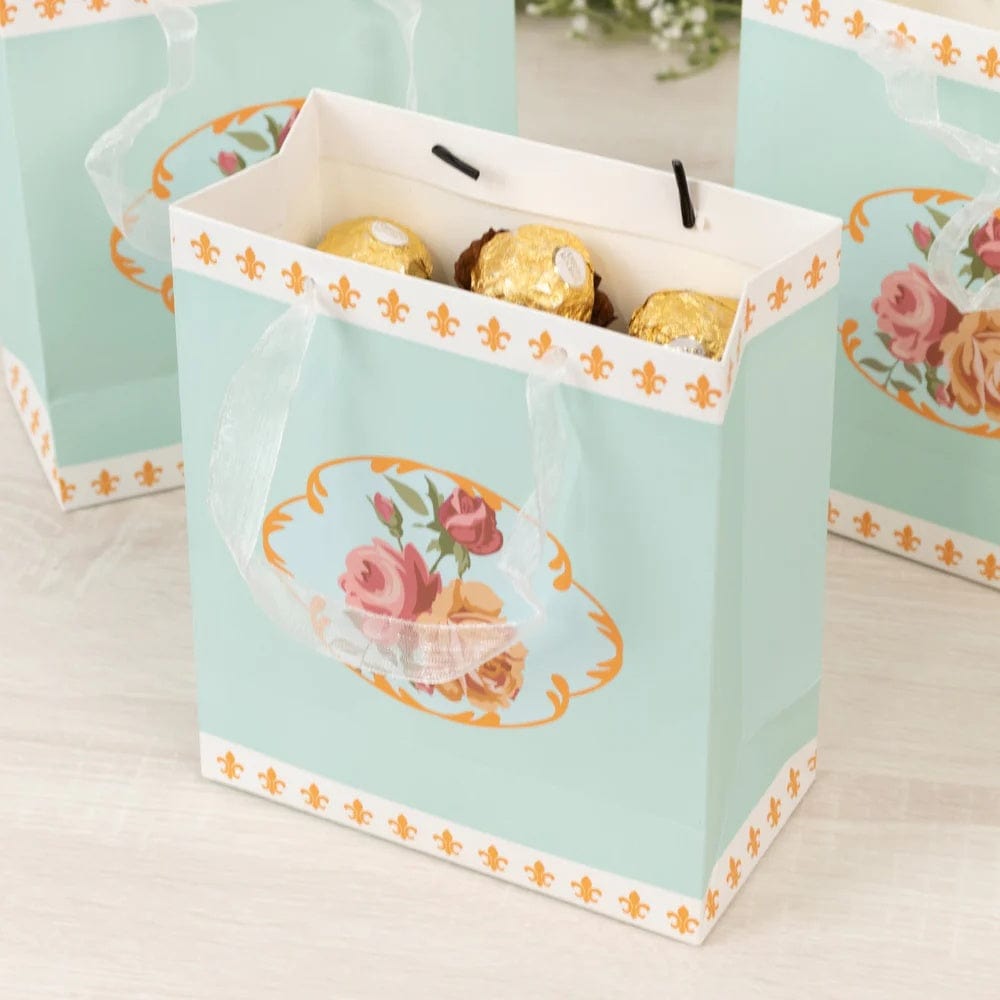 12 Vintage Rose Floral Paper Gift Bags with Ribbon Handles
