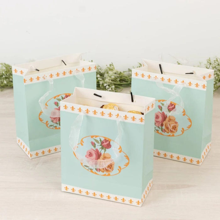 12 Vintage Rose Floral Paper Gift Bags with Ribbon Handles