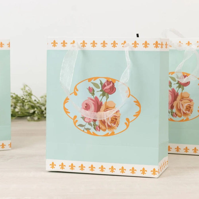 12 Vintage Rose Floral Paper Gift Bags with Ribbon Handles
